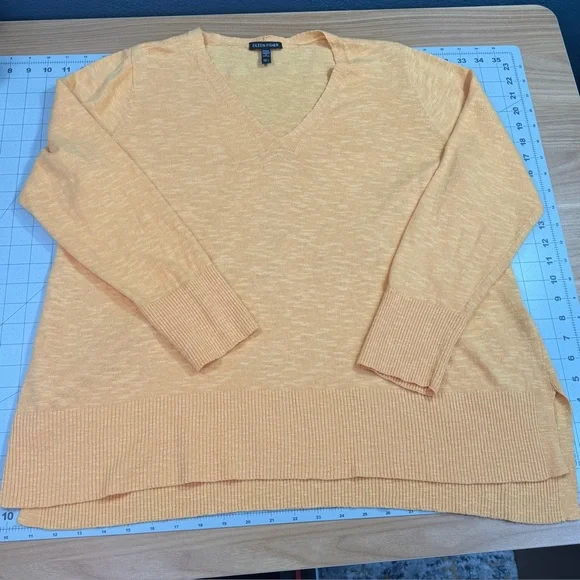 Eileen Fisher Linen Cotton V-Neck Sweater Orange/Yellow Boxy High Low Large L - Picture 8 of 8